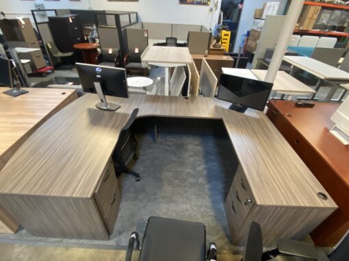 6' x 9' U desk walnut laminate + storage cabinet
