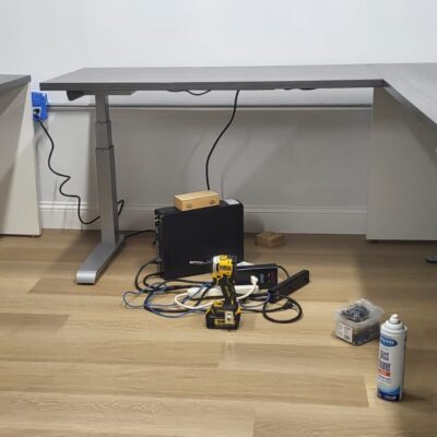 U desk - L shaped sit stand desk + storage credenza